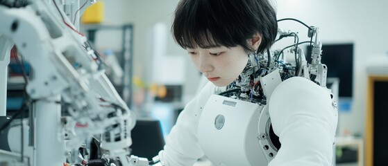 A focused individual works with advanced robotic technology in a modern lab setting, showcasing the intersection of human skill and machine learning.