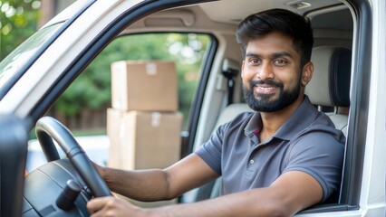 An Indian driver in a delivery van, preparing to make a drop-off.

