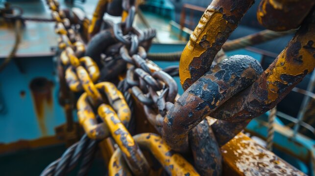 A cargo ship's anchor chain on a deck, maritime setting with ropes and winches, Detailed style