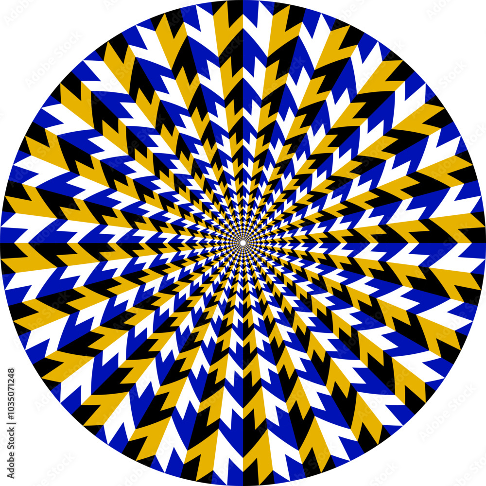 Poster patterned circle with optical illusion of moving color arrows or m letters. circular template for ba