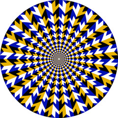 Patterned circle with optical illusion of moving color arrows or M letters. Circular template for background design.