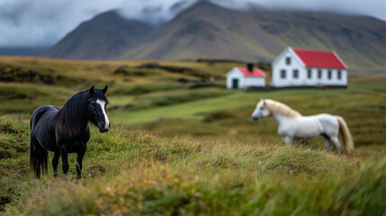 Fototapeta premium Two icelandic horses grazing in a meadow with a traditional icelandic house and mountains in the background