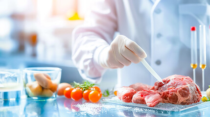 A technician in a white lab coat and gloves carefully tests a piece of meat for contamination using a pipette, surrounded by fresh ingredients and laboratory equipment