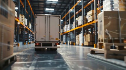 A cargo truck loading parcels at a bustling logistics center, Industrial setting with warehouse operations, Photo of