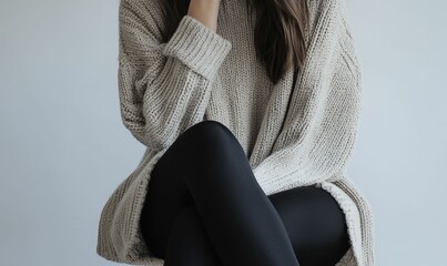 Woman wearing a white sweater and black pants.