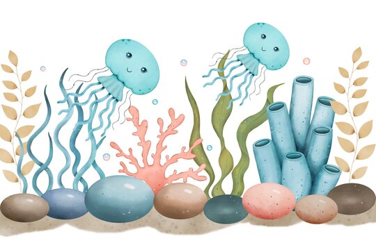 recommend clip art: Sea border with  jellyfish, algae, coral, stones, bubbles. Underwater world. Hand drawn watercolor illustration