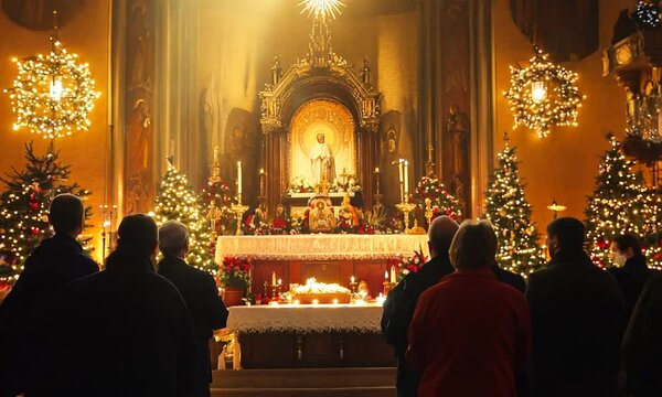 Church altar during Christmas Mass with The Nativity scene. Back view of standing parishioners. The Catholic Orthodox Christmas holiday in Europe