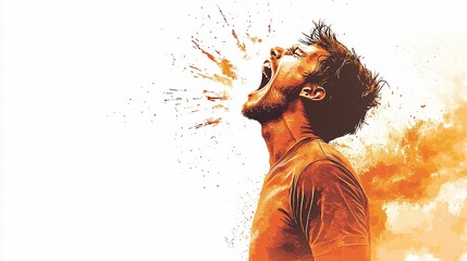 A man passionately expressing emotion, surrounded by bursts of orange color, conveying intensity and energy.