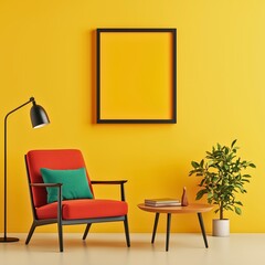 A modern living room featuring bright yellow walls, a bold red chair with a teal cushion, a black floor lamp, and a small round table with books and decor.