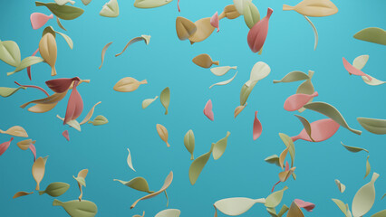 Autumn falling leaves. Flying foliage from tree on blue background. 3D rendering illustration.
