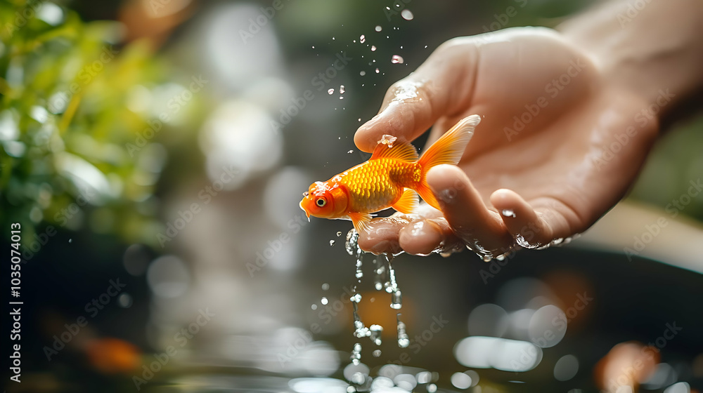 Wall mural Goldfish Swimming in Hand with Water Droplets - A Close-up View of Nature's Beauty