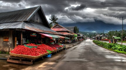 Vibrant Traditional Outdoor Market Surrounded by Lush Natural Landscape Showcasing Colorful Stalls Local Produce and a Charming Atmosphere of Cultural Commerce