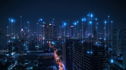 Obraz premium Cityscape with Connected Network of Blue Lights
