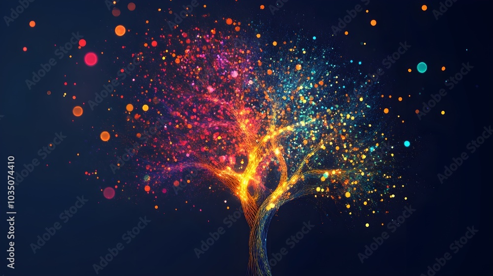 Poster abstract colorful tree with bokeh lights on dark background