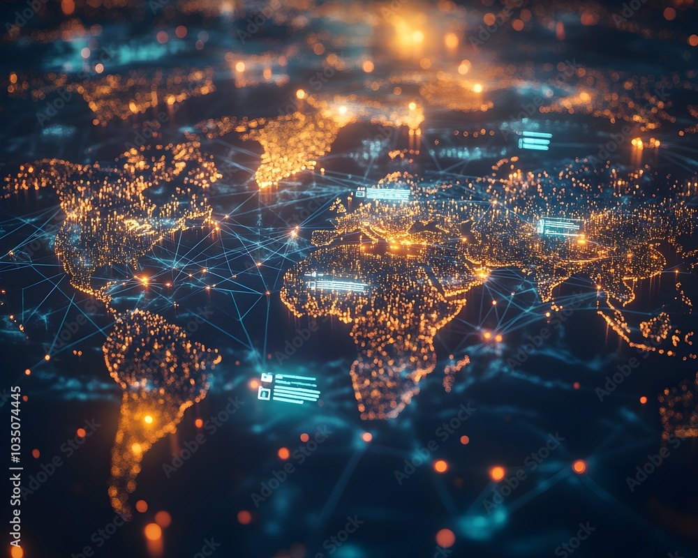 Poster global network connections world map with digital lines and lights
