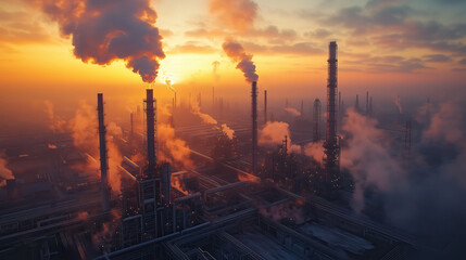 Industrial Landscape with Smokestacks at Sunset