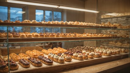 Display of assorted pastries in a bakery shop with bright lights