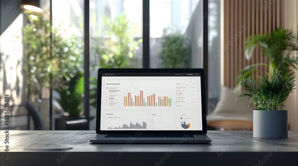 Poster laptop with data charts and graphs on screen open window view