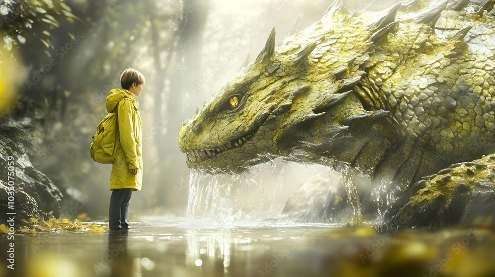 Wall mural a boy encounters a dragon in the forest and wonders what it means