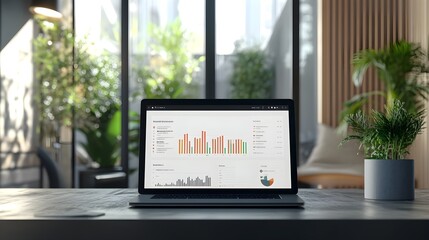 Laptop with Data Charts and Graphs on Screen  Open Window View