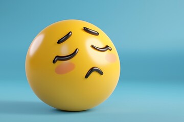 Fototapeta premium A sad yellow emoji ball with downturned eyes sits against a blue background, conveying feelings of disappointment or sorrow.