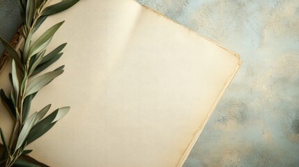 Blank antique book on textured background with green branch