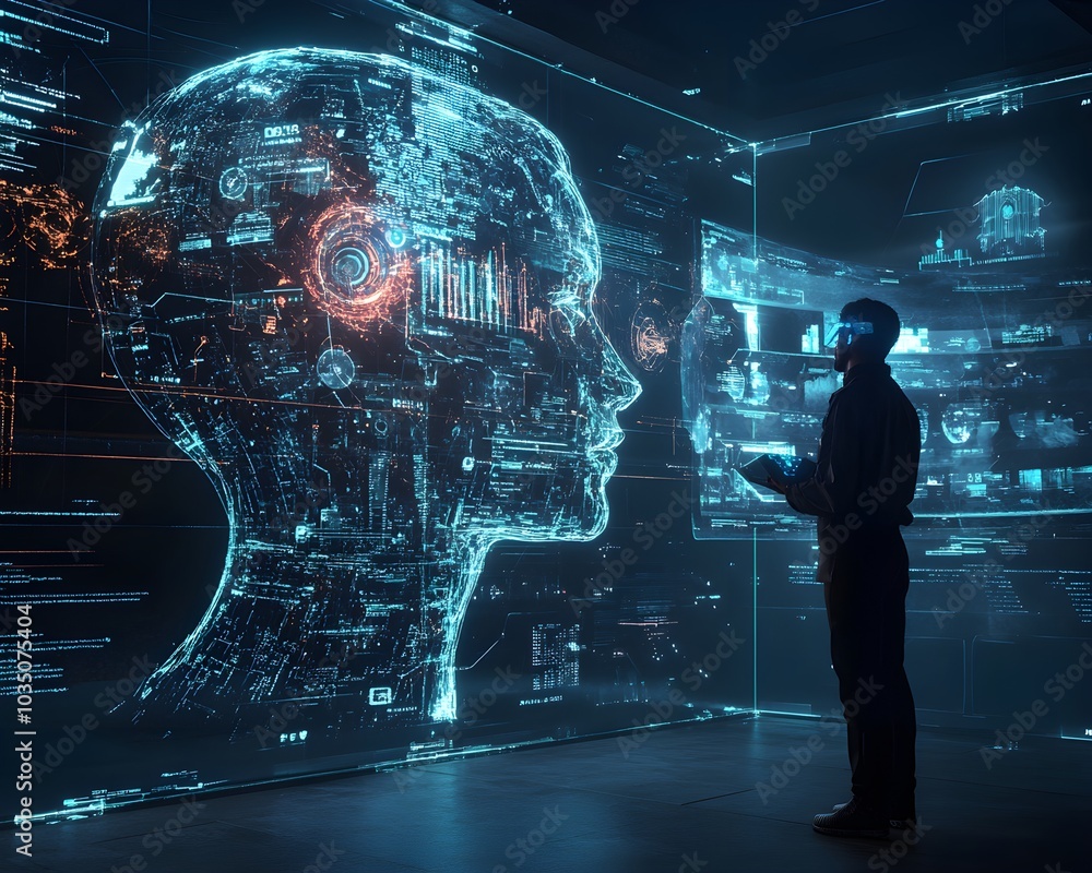 Poster futuristic data visualization with man and digital head