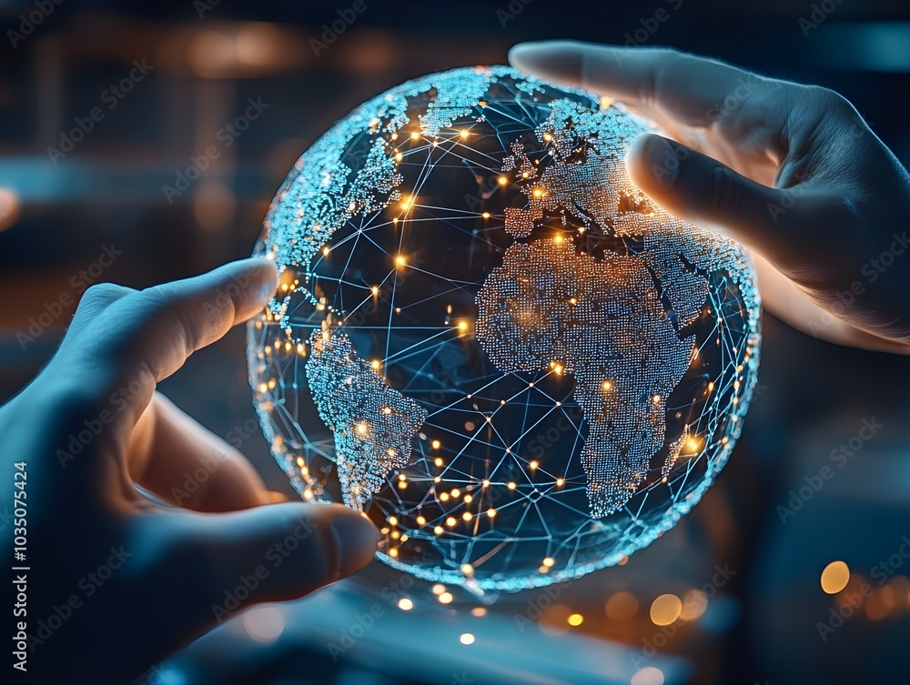 Poster global network connection hands holding illuminated earth technology and innovation concept
