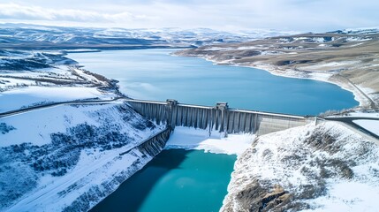 Obraz premium Photo of a dam in the Alps with a lake behind, snow on the mountains