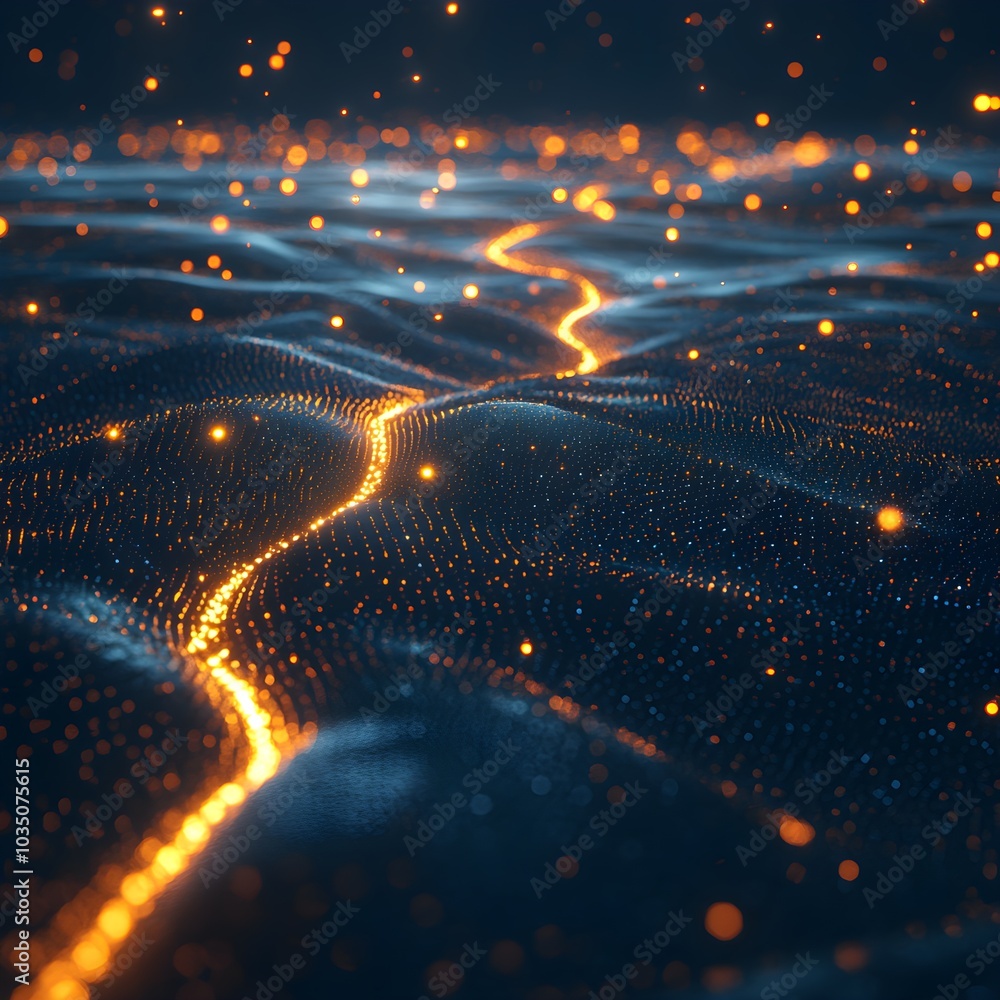 Poster abstract digital landscape with glowing path and bokeh lights