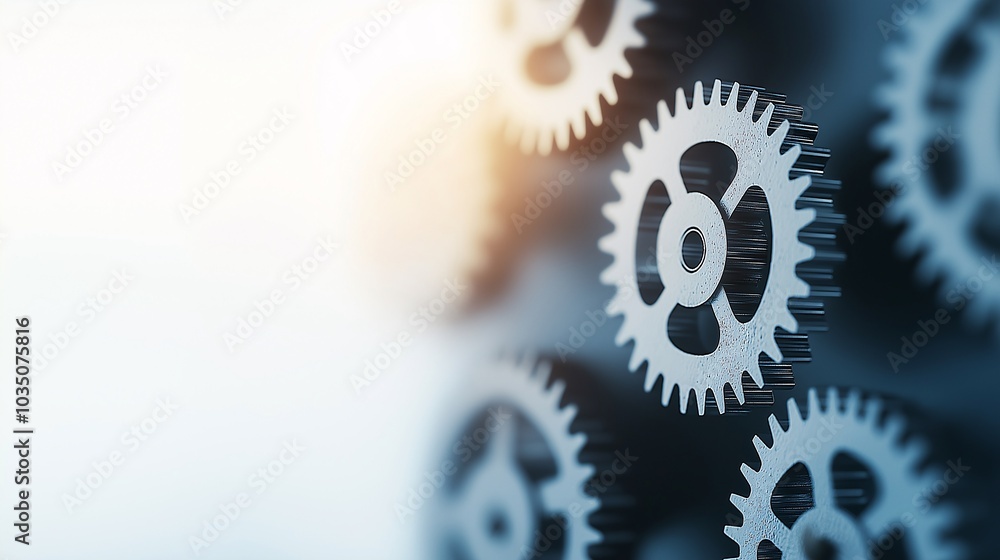 Poster Synchronized Efficiency: Gears interlock seamlessly against a blurred background, symbolizing the precision and coordination of a well-oiled machine.