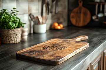 Customized wooden cutting board with engraved message, rustic style, 3D illustration