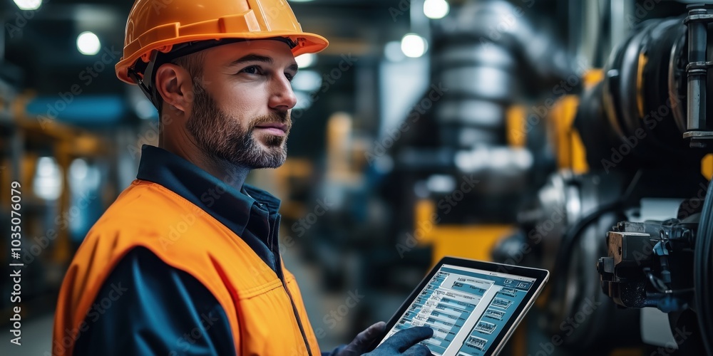 Poster engineer using tablet to control industrial robot