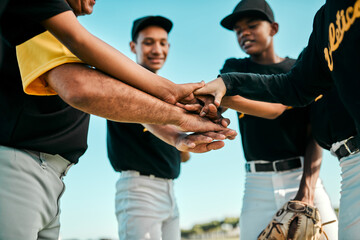 Hands, man and huddle as baseball players at field for team building, support and unity. Outdoor, sports and training with motivation for match, games and tournament with solidarity together