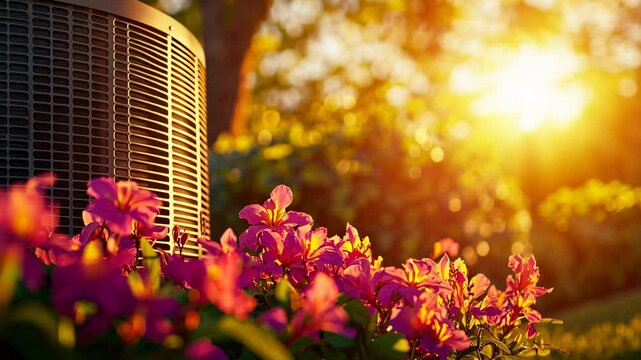 Air Conditioner and Flowers in the Sunset.