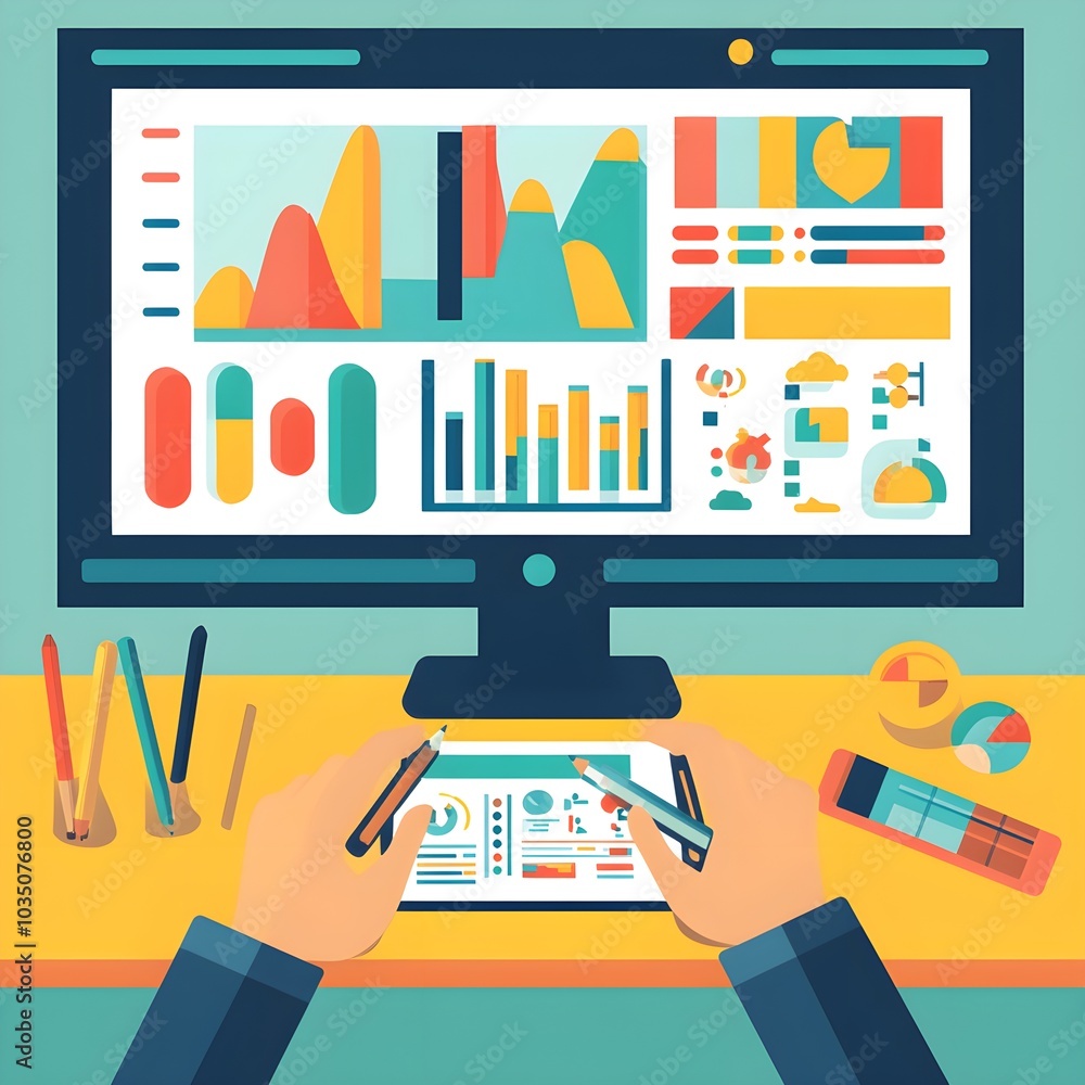 Poster business analytics and data analysis on desktop computer
