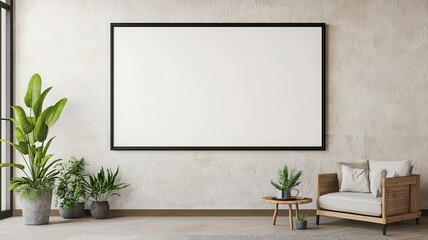 Stylish living room featuring a large empty sleek frame, perfect for personalizing your space with art.