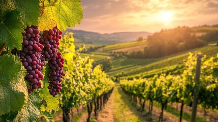 Beautiful Vineyard Scene at Sunset with Grapes
