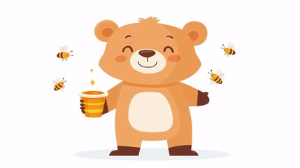 Fototapeta premium Honey Bear Delight: A charming cartoon illustration of a happy brown bear holding a cup of honey, surrounded by buzzing bees in a playful and whimsical scene.