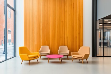 A modern lounge area featuring four stylish chairs in warm tones around a vibrant pink table, with a tall wooden accent wall and large windows providing natural light.