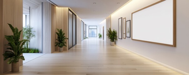 Fototapeta premium Scandinavian hallway featuring minimalist decor and blank photo frames awaiting personal touches and memories.