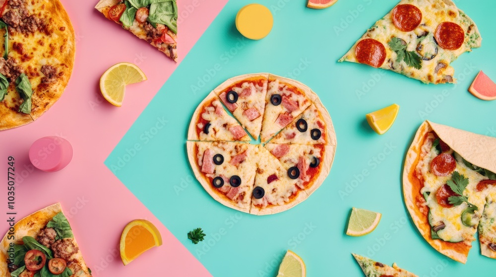 Poster a delightful arrangement of various tacos and pizzas presented in neat geometric order on bright pas