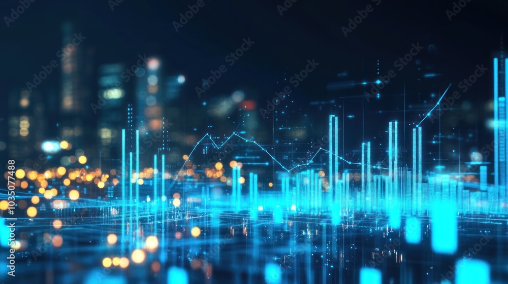 Poster cityscape with digital data and chart visualizations
