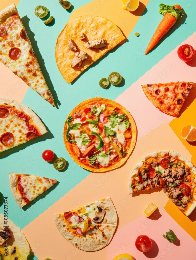 Poster Colorful tacos and pizzas arranged in geometric patterns showcase fresh ingredients, inviting all to enjoy. Generative AI