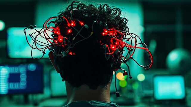 Man with Wires and Lights on his Head