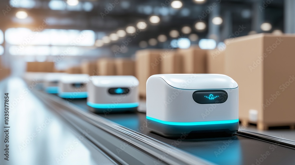 Poster automated warehouse efficiency: autonomous robots on a conveyor belt in a modern warehouse, showcasi