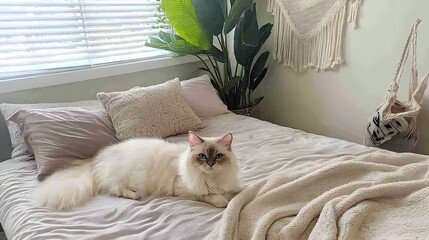 Captivating portrait of a Ragdoll cat with striking blue eyes and a luxurious plush coat in a cozy indoor studio setting