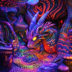 Captivating 3D of a Mythical Dragon in Vibrant Psychedelic Colors