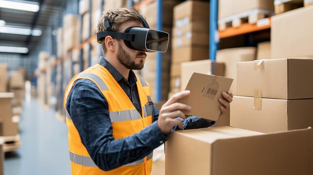 VR Warehouse Worker: A warehouse worker wearing VR goggles inspects a package, showcasing the future of logistics and technology in the modern workplace. 