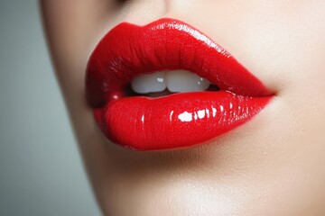Obraz premium Lips Blowing. Close Up of Red Lips Sending a Kiss with Beautiful Face in the Background